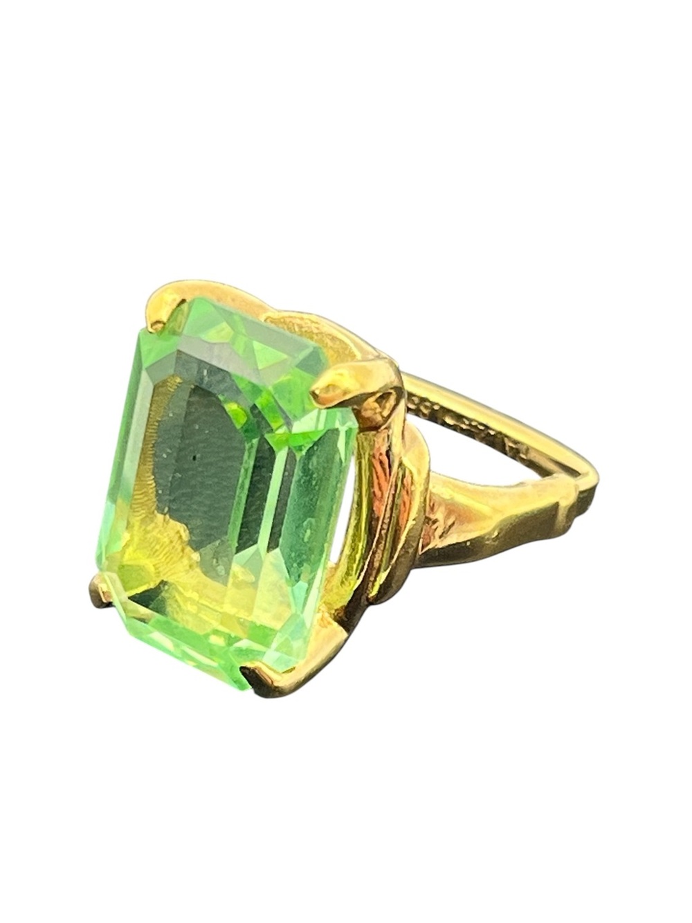 Vendome green rectangle rhinestone Ring w Square Adjustable Shank Mid century 5